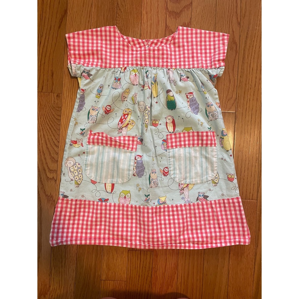 RedBeans Girls Owl Print Gingham Check Dress Blue Red 3T Short Sleeve Pockets